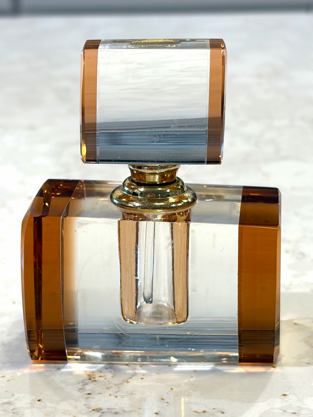 Art Deco Geometric Heavy Block Crystal Perfume Bottle (Empty / Pristine 3”